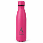 Personalised fuchsia thermal water bottle with engraved initial and custom name, insulated stainless steel drinks bottle gift for her.