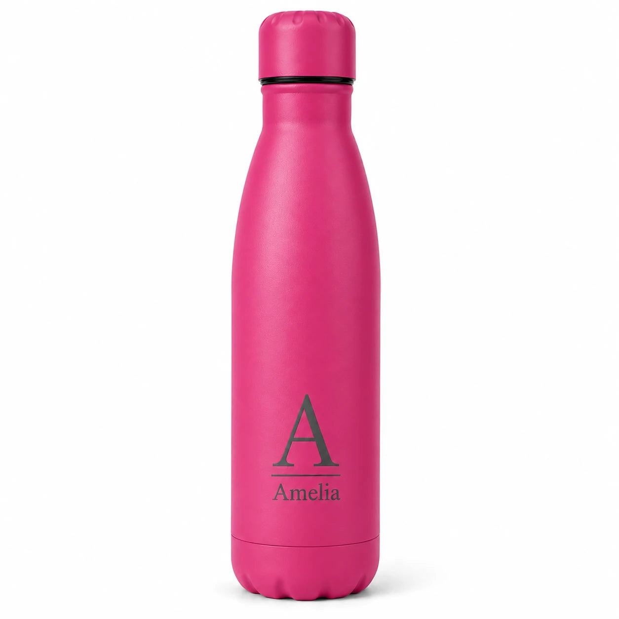 Personalised fuchsia thermal water bottle with engraved initial and custom name, insulated stainless steel drinks bottle gift for her.