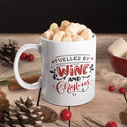 Personalised Fuelled by Wine and Christmas ceramic mug featuring a funny festive wine lover slogan.