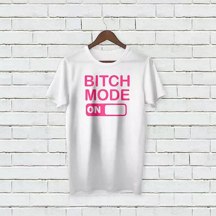 Personalised “Funny Bitch Mood On” t-shirt with custom name, a bold and cheeky personalised gift for confident women