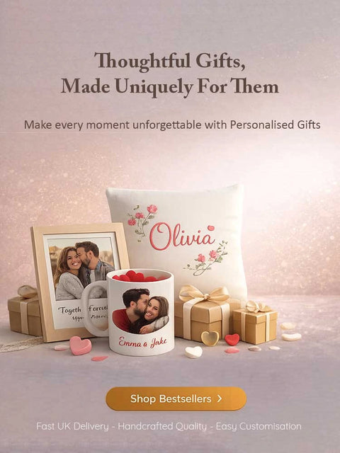 Personalised photo gifts including custom couple mug, Olivia name cushion and framed romantic print with gift boxes – thoughtful personalised gifts UK