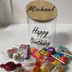 Personalised glass sweet jar with airtight wooden lid