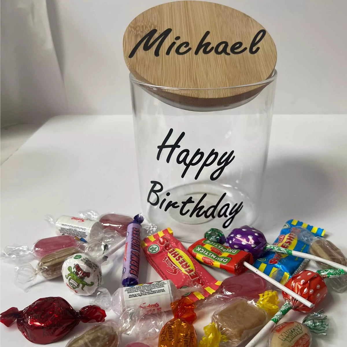 Personalised glass sweet jar with airtight wooden lid