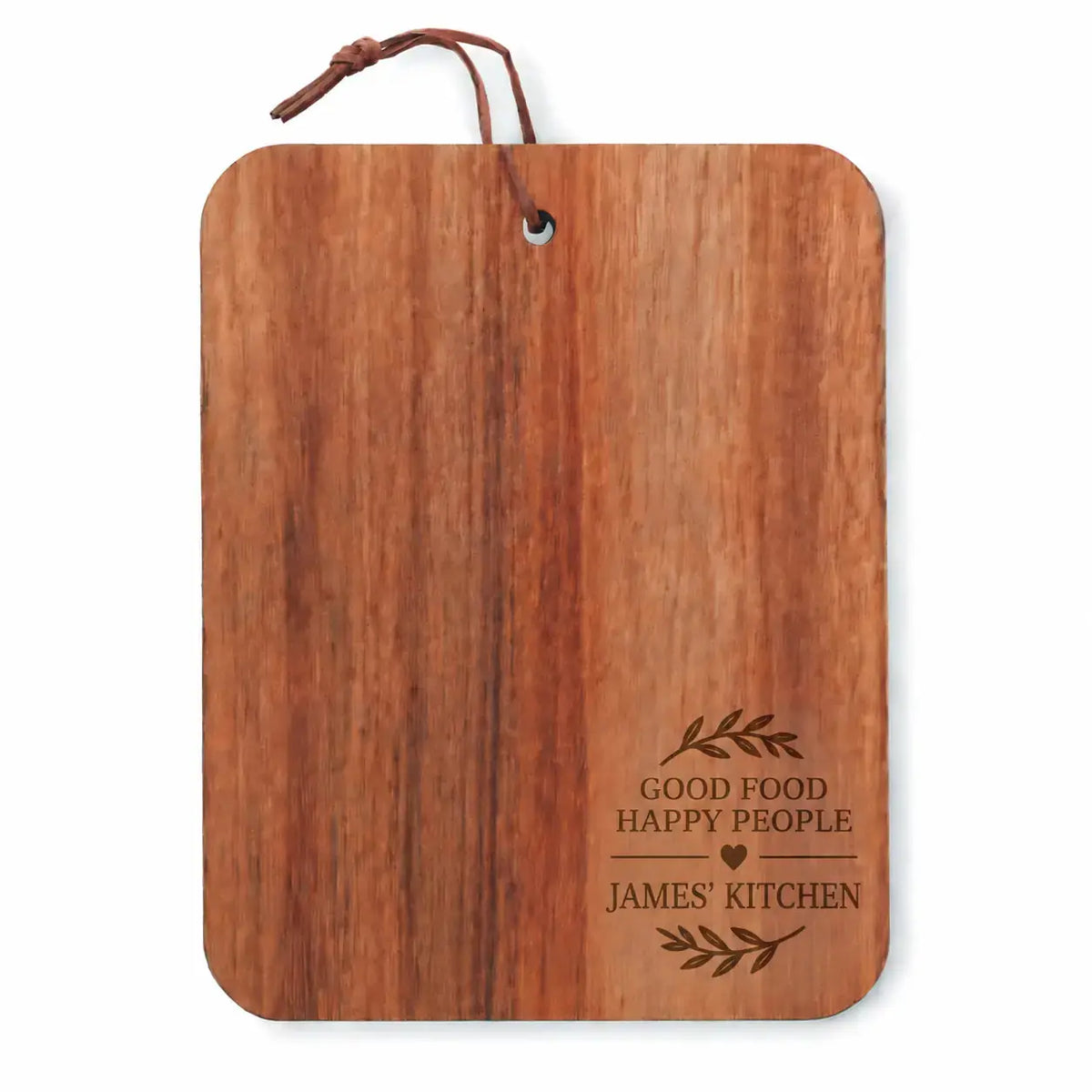 Personalised Good Food Happy People wooden cutting board with engraved design