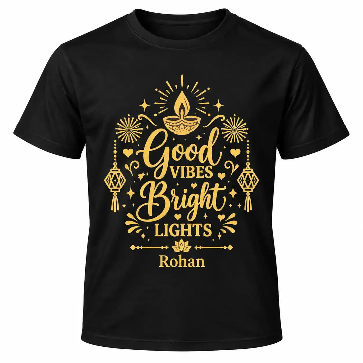 Black personalised Diwali T-shirt with gold “Good Vibes Bright Lights” lettering, diya, lanterns, fireworks and the name Rohan.