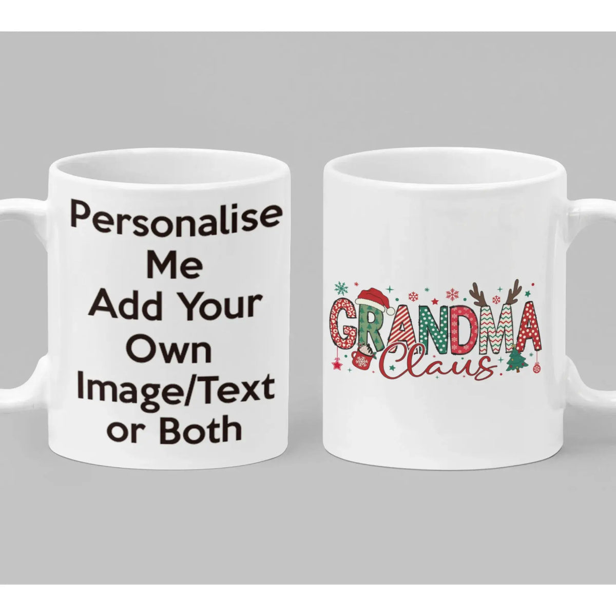Personalised Grandma Claus Christmas ceramic mug featuring colourful festive patterns and Santa hat details, a Christmas gift for Grandma.