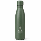 Personalised green thermal water bottle with engraved initial and custom name, reusable insulated stainless steel bottle.