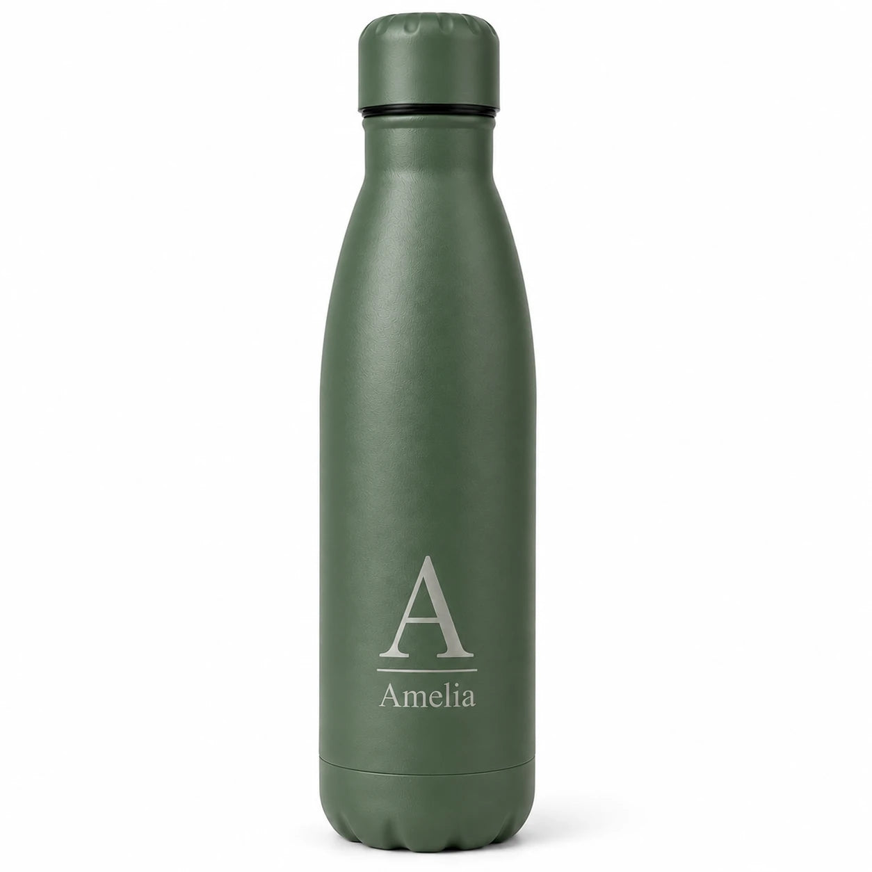 Personalised green thermal water bottle with engraved initial and custom name, reusable insulated stainless steel bottle.