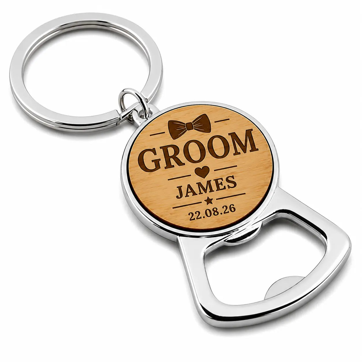 Personalised groom bottle opener keyring with name and wedding date