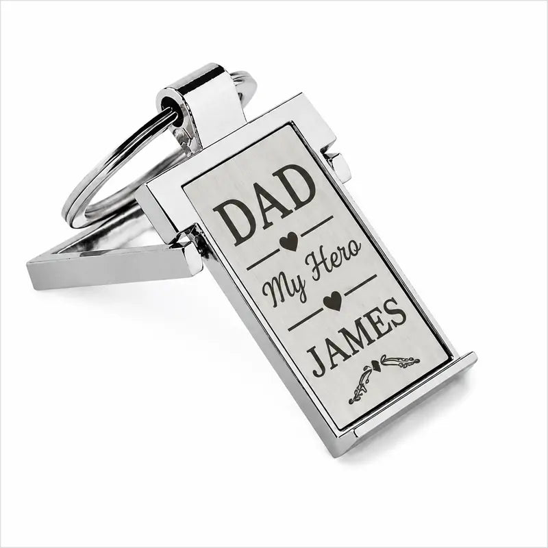 Personalised engraved keyring for Dad with My Hero message and custom name