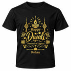 Black personalised Happy Diwali Festival of Lights T-shirt with gold festive lettering, decorative lamps and personalised name beneath the design.