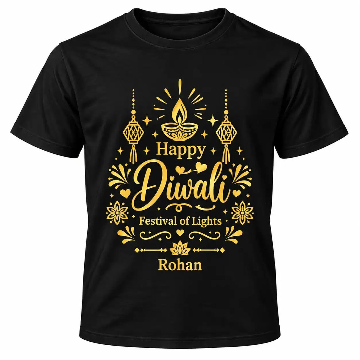 Black personalised Happy Diwali Festival of Lights T-shirt with gold festive lettering, decorative lamps and personalised name beneath the design.