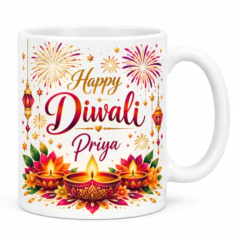 Personalised Happy Diwali fireworks mug with custom name, colourful fireworks, hanging lanterns, three glowing diyas and festive flowers.