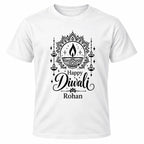 White personalised Happy Diwali T-shirt with black festive lamp illustration, decorative circular artwork and custom name underneath.