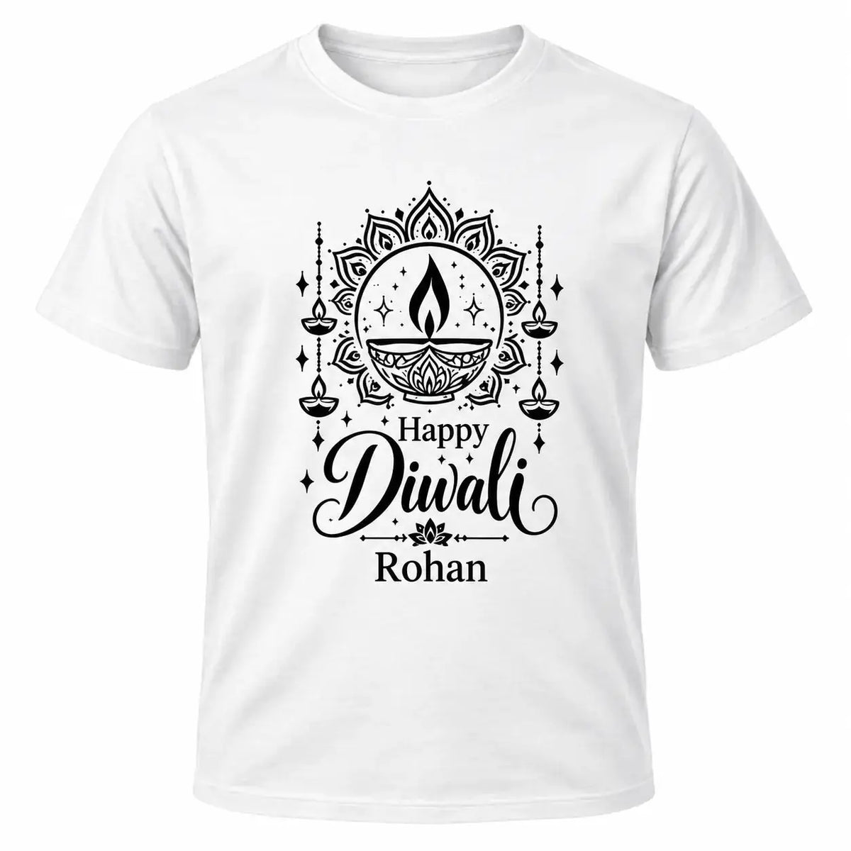 White personalised Happy Diwali T-shirt with black festive lamp illustration, decorative circular artwork and custom name underneath.