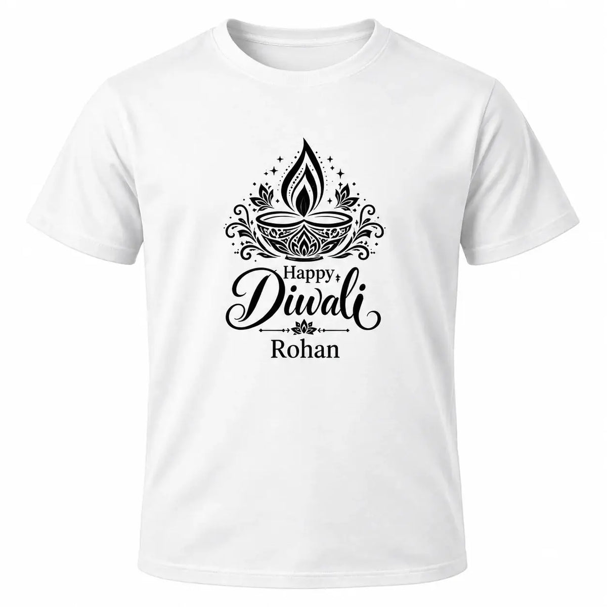 White personalised Happy Diwali T-shirt with small black festive lamp design, decorative lettering and custom name beneath.