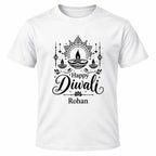 White personalised Happy Diwali T-shirt with black lettering, decorative lamps, mandala details and the custom name Rohan.