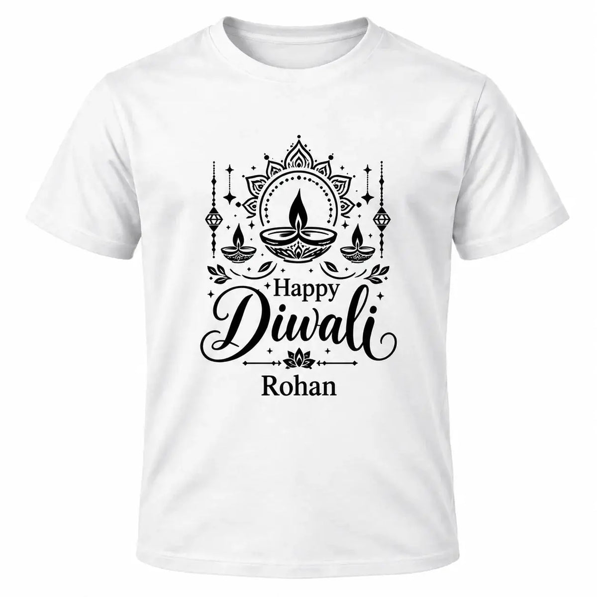 White personalised Happy Diwali T-shirt with black lettering, decorative lamps, mandala details and the custom name Rohan.