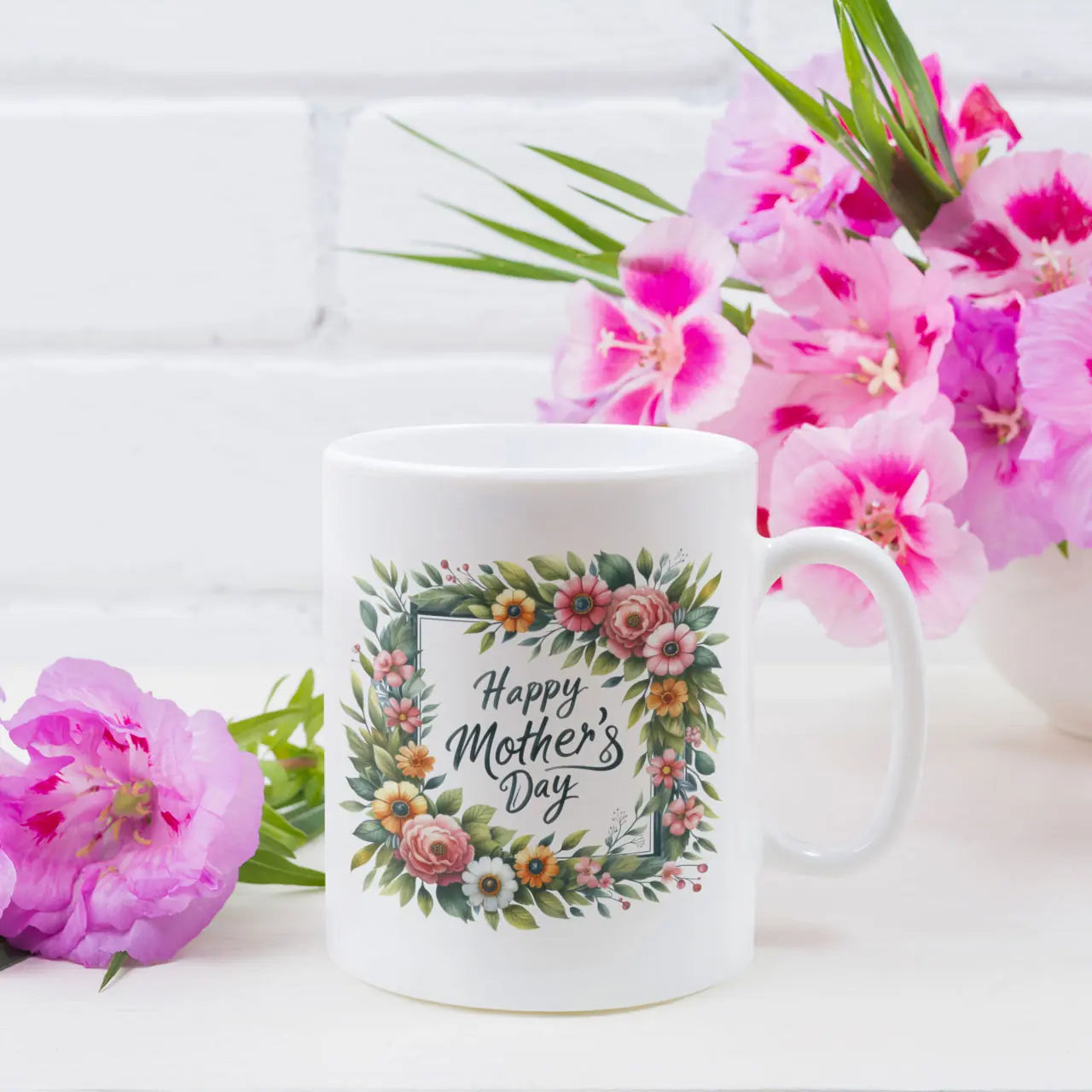 Personalised ceramic mug with modern square floral wreath design for Mother's Day, elegant gift for Mum, Mummy or Grandma UK.