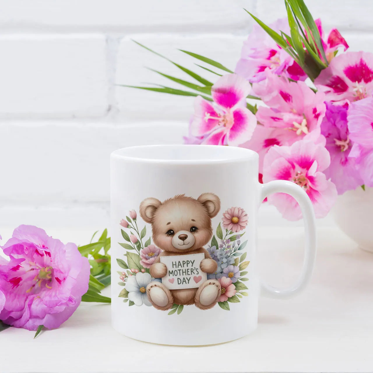 Personalised ceramic mug with cute Happy Mother's Day teddy bear design, sweet keepsake gift for Mum or Nan, high-quality print UK.