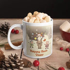 Personalised Happy New Year ceramic mug featuring a festive New Year greeting on the front.