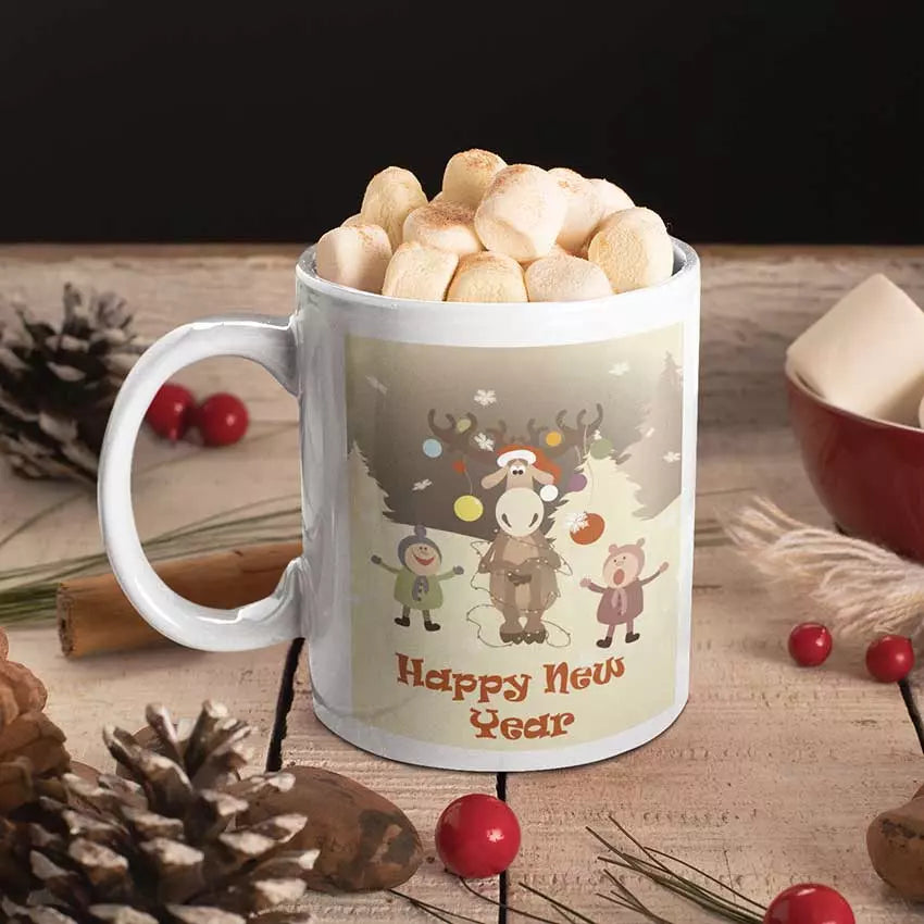 Personalised Happy New Year ceramic mug featuring a festive New Year greeting on the front.