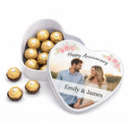 Personalised heart shaped photo tin filled with Ferrero Rocher chocolates, wedding gift keepsake, luxury personalised chocolate tin