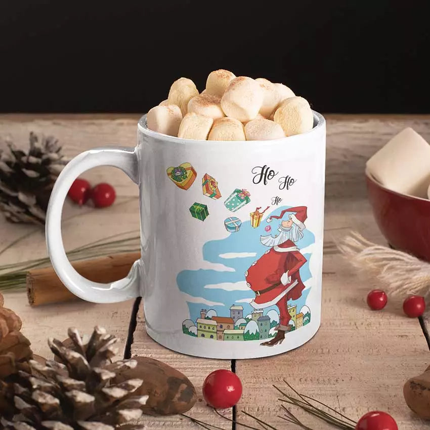 Personalised Ho Ho Ho Christmas mug featuring a festive Christmas slogan on a white ceramic mug.