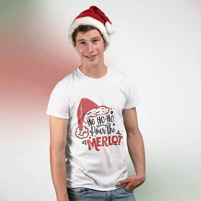 Personalised “Ho Ho Ho, Pour the Merlot” Christmas t-shirt with custom name, festive wine humour te
