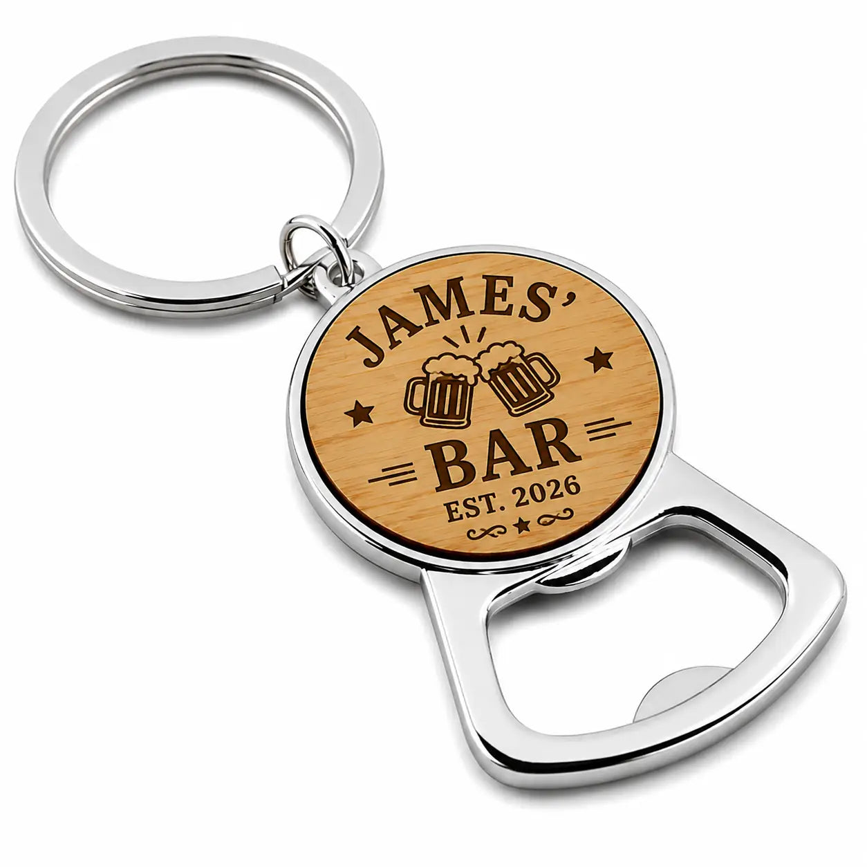 Personalised home bar bottle opener keyring with name and established year