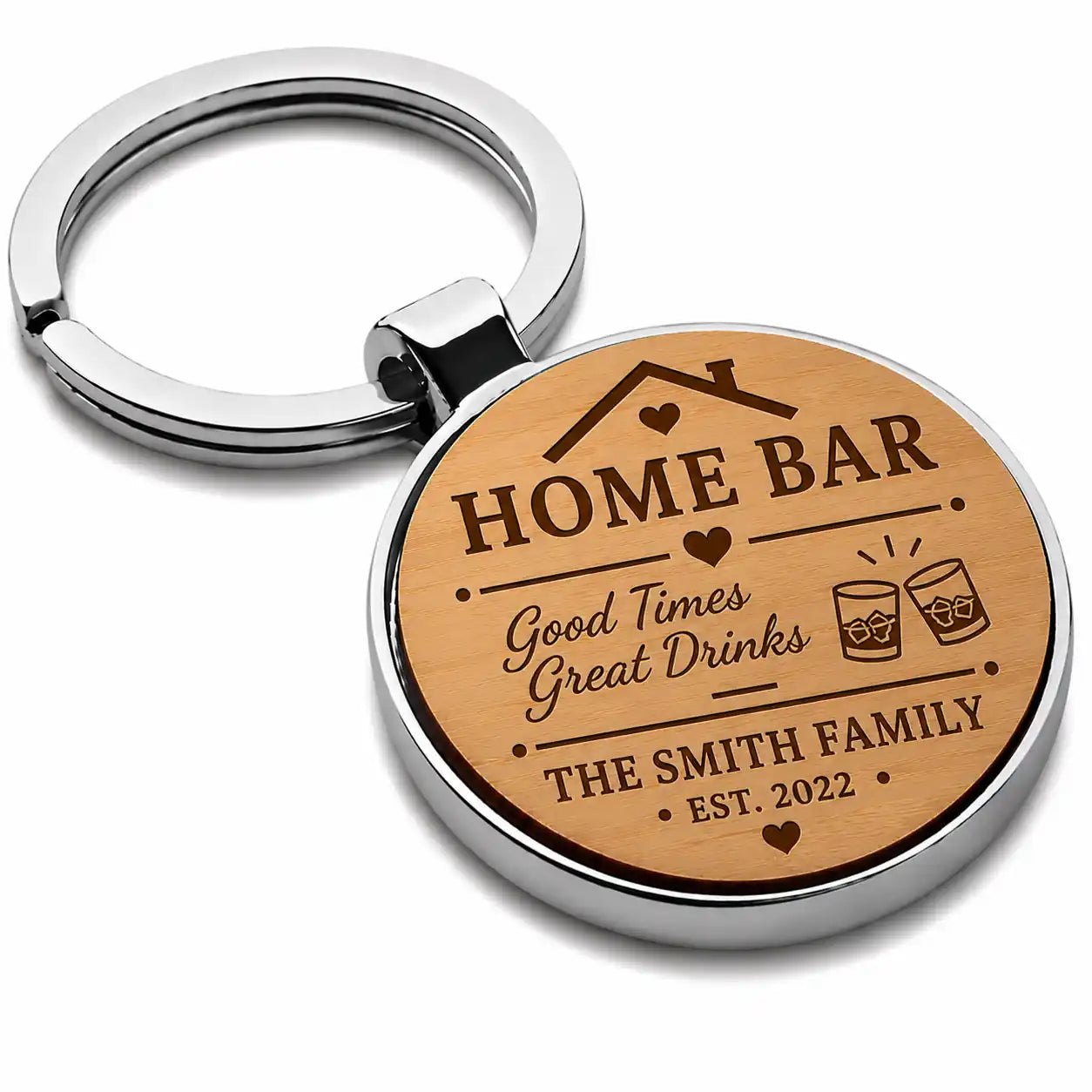 Personalised Home Bar keyring with family name and established year