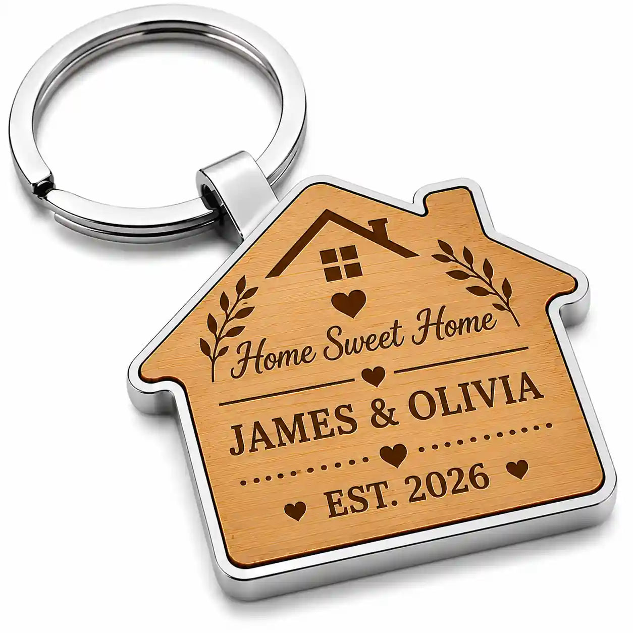 Personalised Home Sweet Home house keyring with two names and established year