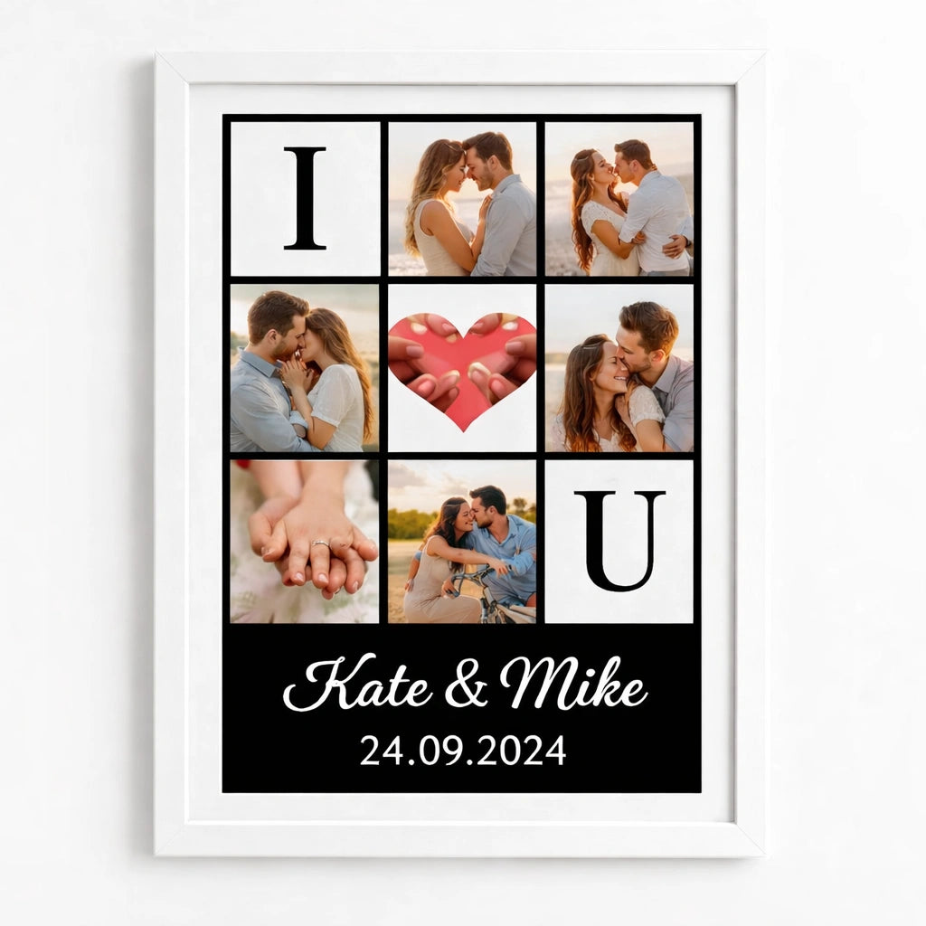Personalised I love you photo collage frame with couple pictures, names and special date wall art
