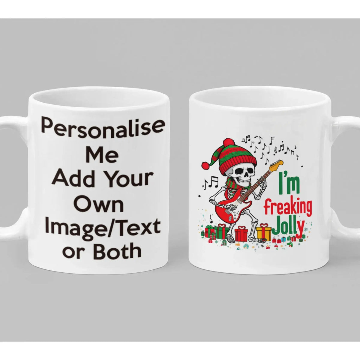 Personalised I'm Freaking Jolly Christmas mug featuring a skeleton playing an electric guitar, wearing a winter hat with presents and musical notes.