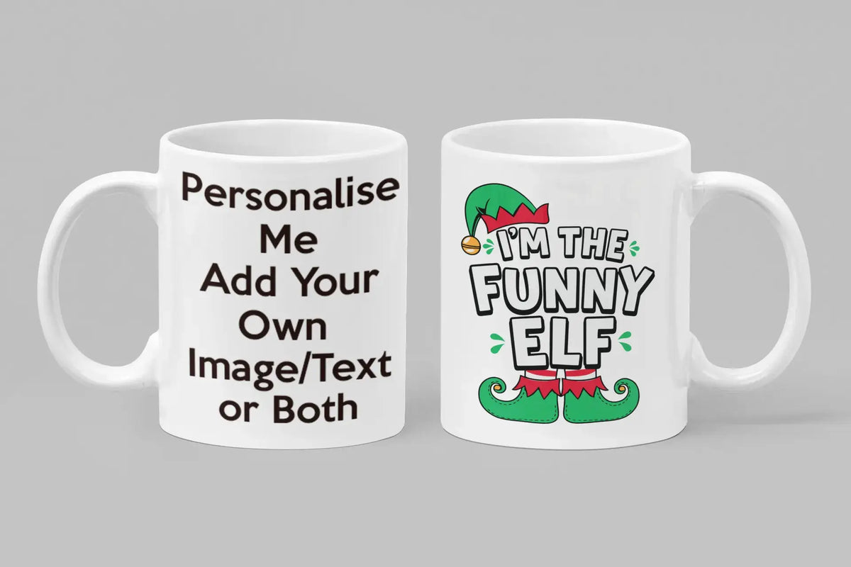 Personalised I'm the Funny Elf Christmas mug featuring playful festive lettering and a colourful elf hat illustration.