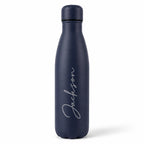 Personalised dark blue insulated water bottle with custom engraved name, stainless steel insulated drinks bottle, reusable thermal flask, personalised gift for men, women, Father's Day, birthdays and everyday use.