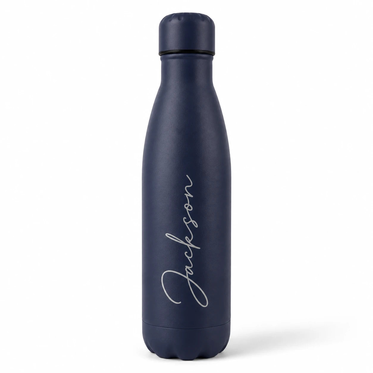 Personalised dark blue insulated water bottle with custom engraved name, stainless steel insulated drinks bottle, reusable thermal flask, personalised gift for men, women, Father's Day, birthdays and everyday use.
