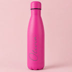 Personalised fuchsia insulated water bottle with custom engraved name, reusable stainless steel thermal drinks bottle, personalised gift for her, him, birthday, Christmas, Mother's Day, Father's Day