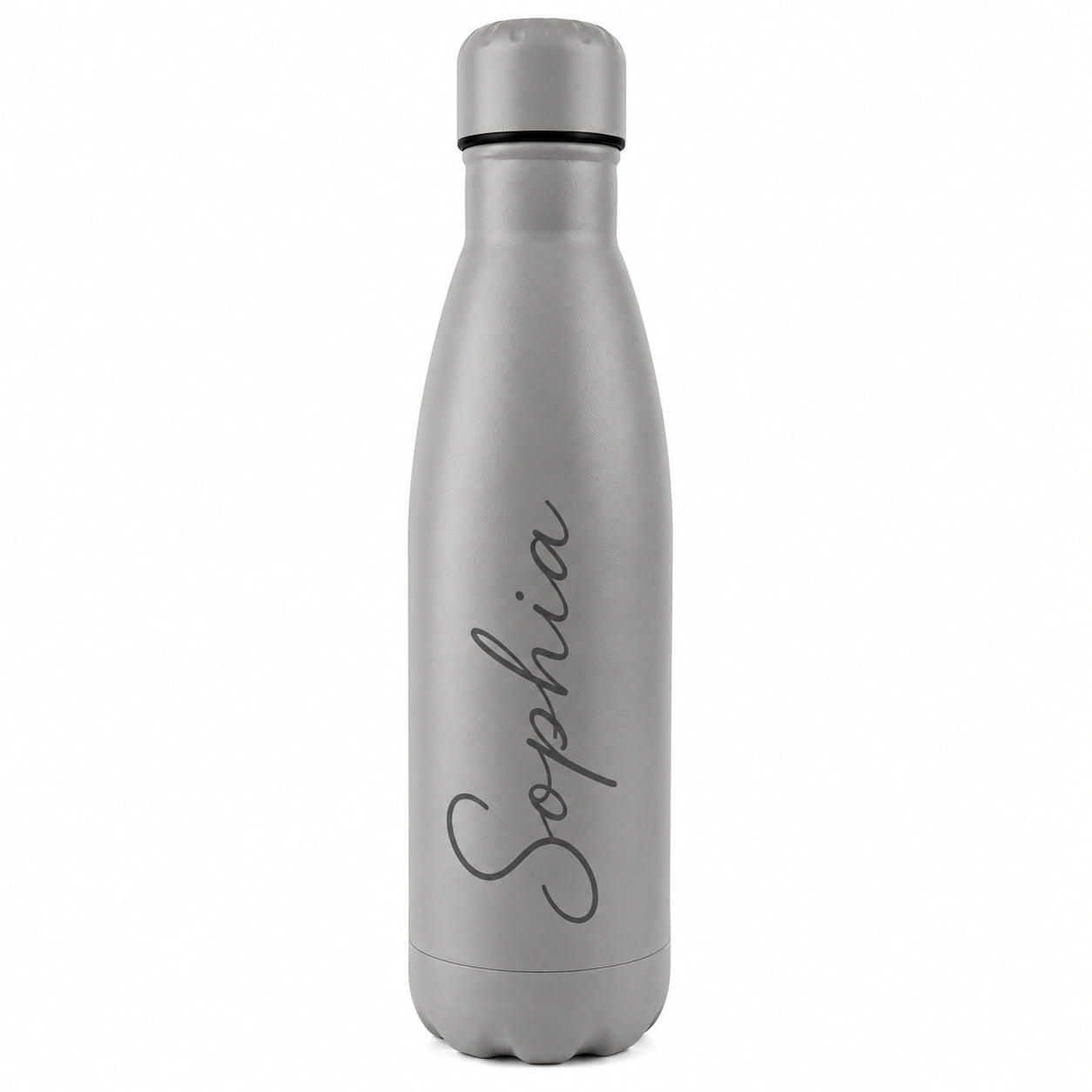 Personalised grey insulated water bottle with custom engraved name, reusable stainless steel thermal drinks bottle, personalised gift for her, him, birthday, Christmas, Mother's Day, Father's Day