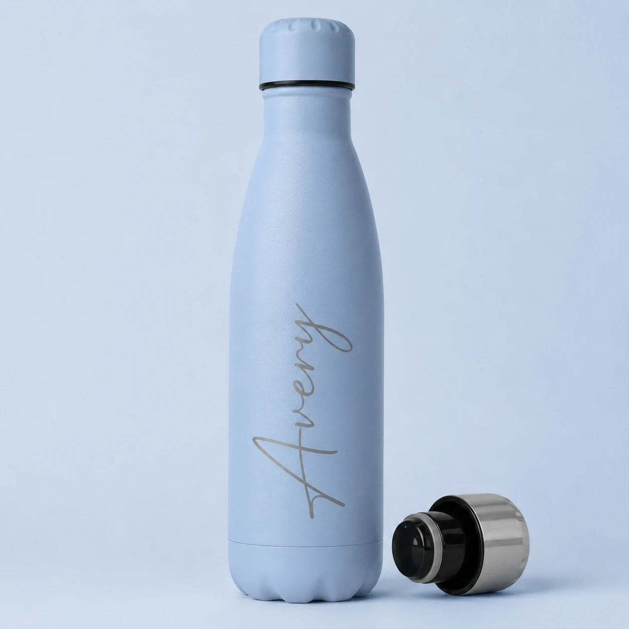 Personalised light blue insulated water bottle with custom engraved name, stainless steel thermal flask with cup lid, reusable drinks bottle, personalised gift for her, him, birthdays, school, work and travel.