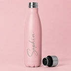 Personalised light pink insulated water bottle with custom engraved name, reusable stainless steel thermal bottle with cup lid, unique personalised gift for women, girls, birthdays, Mother's Day and Christmas.