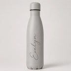 Personalised grey insulated water bottle with custom engraved name, reusable stainless steel thermal drinks bottle, personalised gift for her, him, birthday, Christmas, Mother's Day, Father's Day