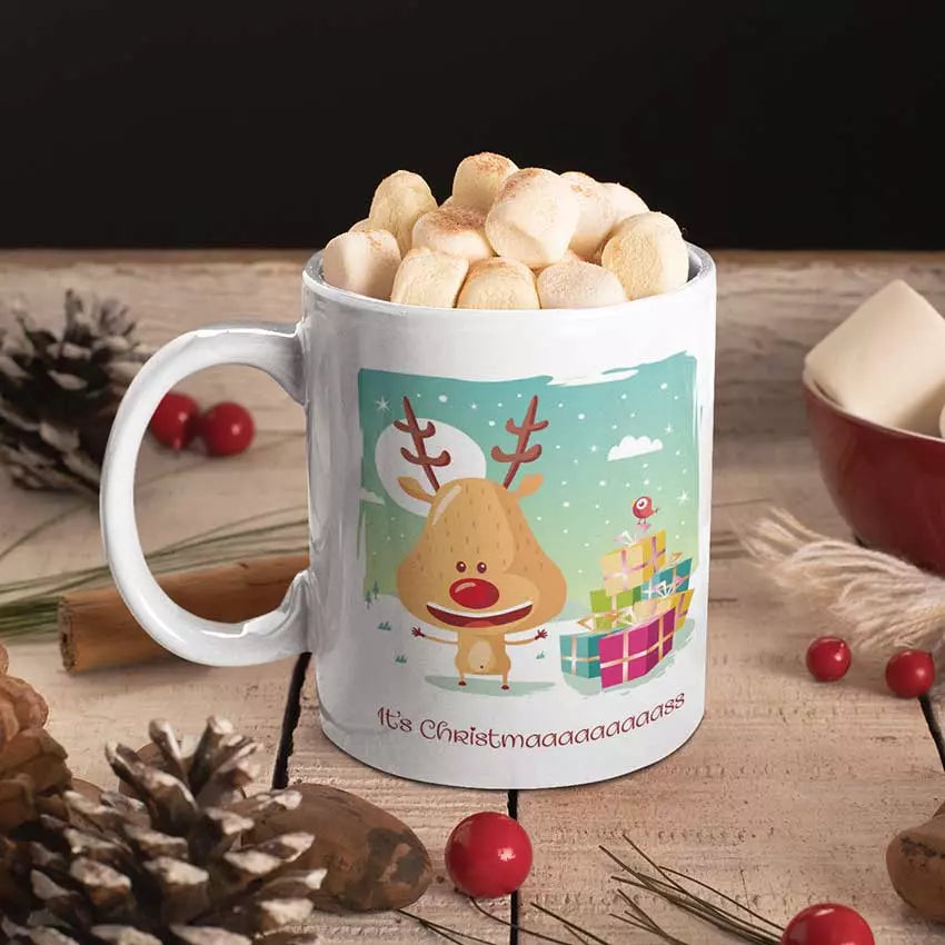It's Christmaaaaaaaaass personalised funny Christmas mug featuring an excited festive slogan on a white ceramic mug.