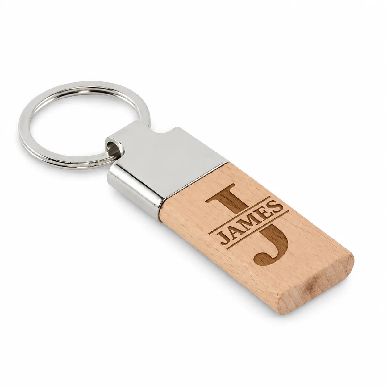 Personalised wooden and metal keyring with custom initial and name monogram design