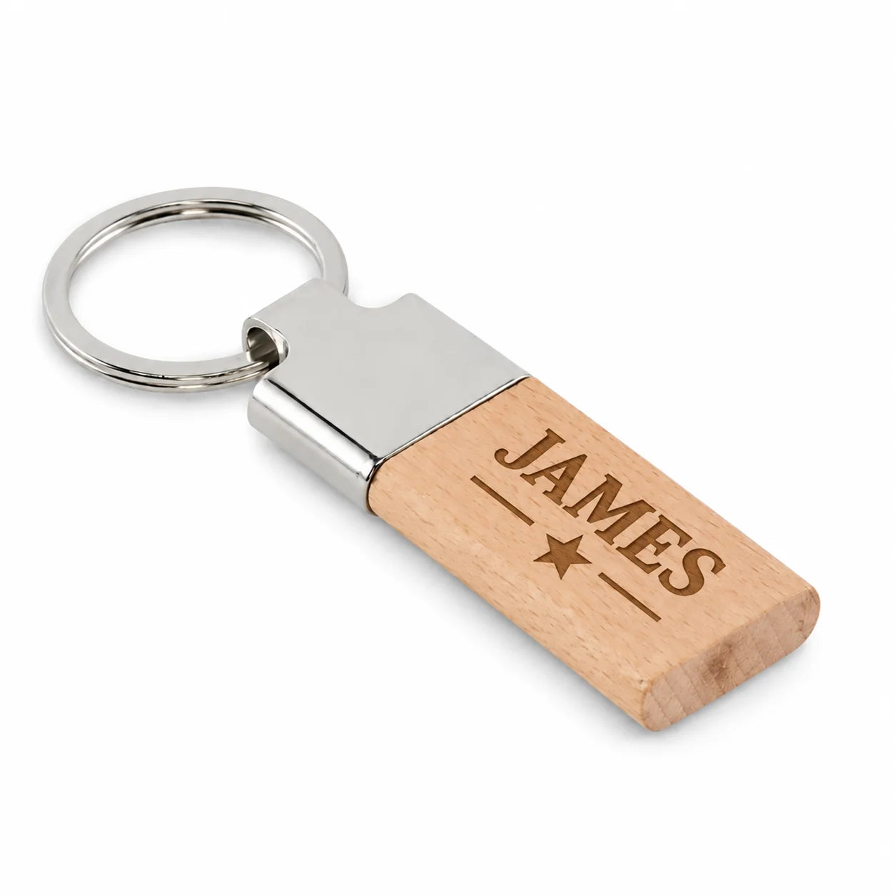 Personalised wooden and metal keyring with custom name and star design