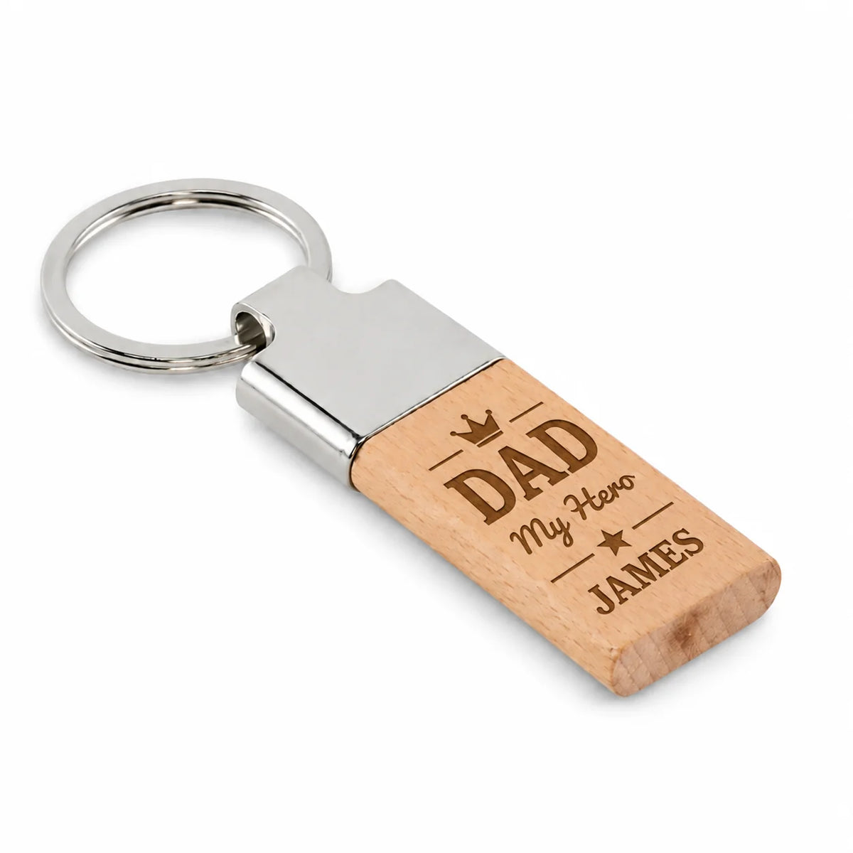 Personalised Dad My Hero wooden and metal keyring with custom name