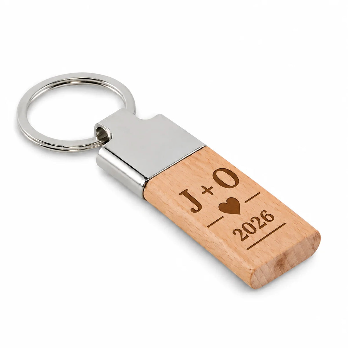 Personalised couples wooden and metal keyring with initials heart and special date