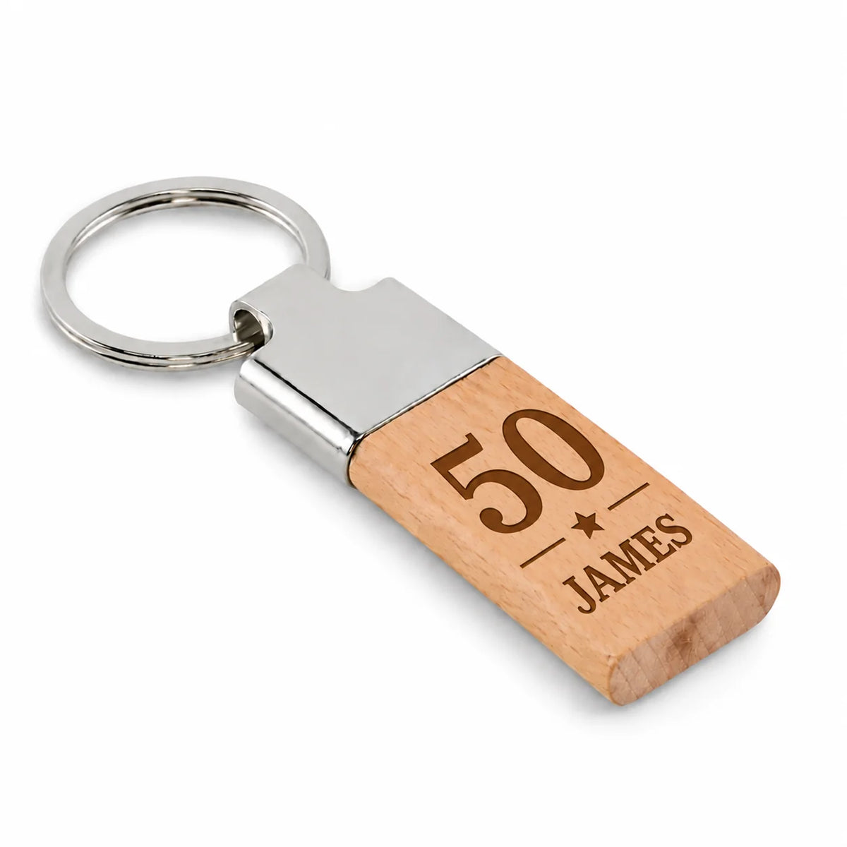 Personalised wooden 50th birthday keyring with custom name and metal ring