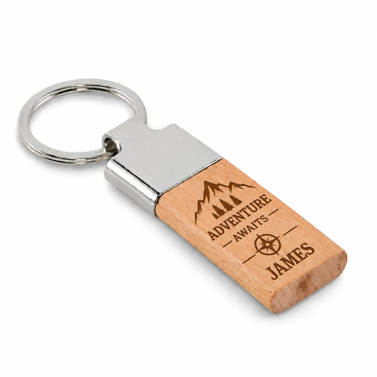 Personalised wooden adventure keyring with mountain compass design