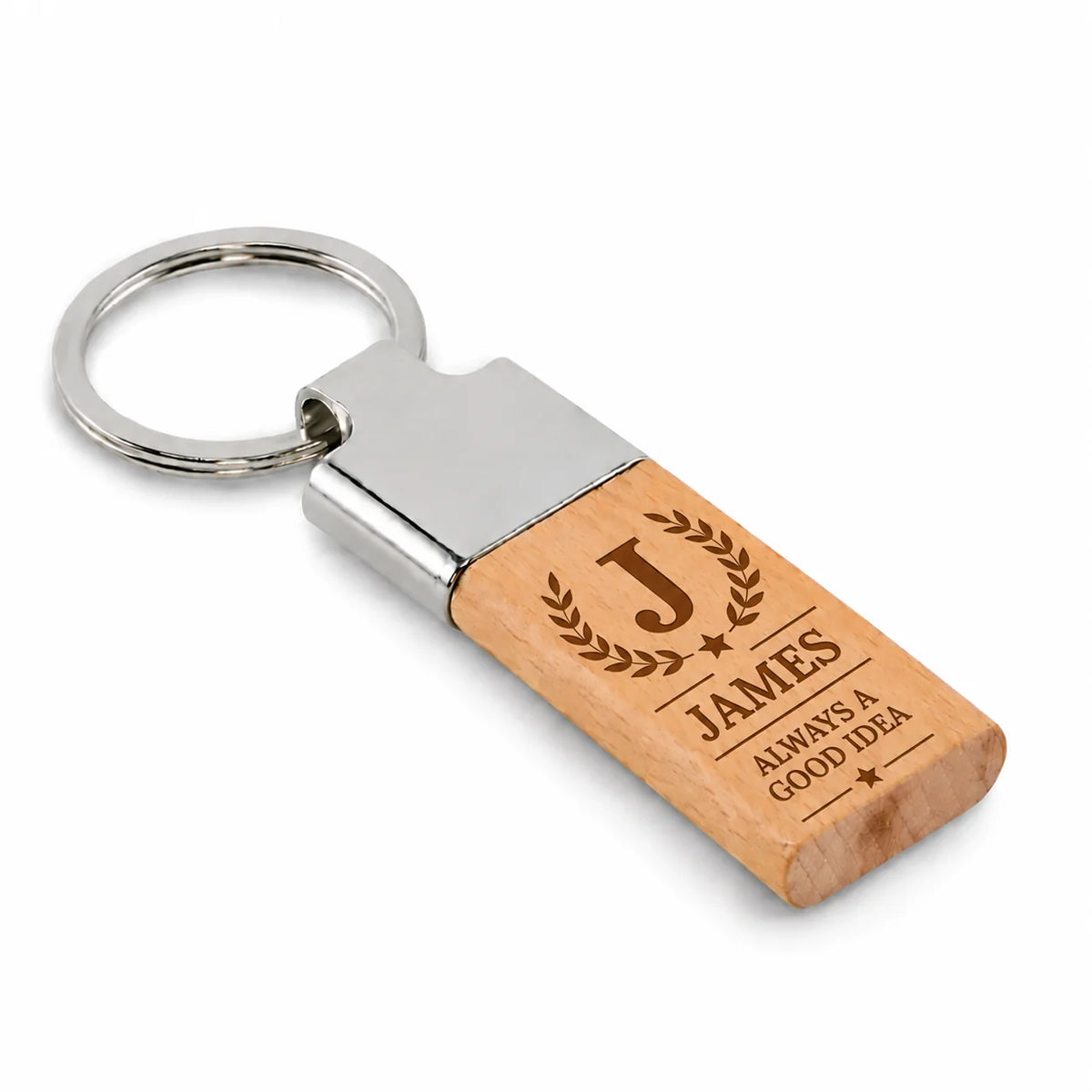 Personalised wooden initial and name keyring with laurel wreath design
